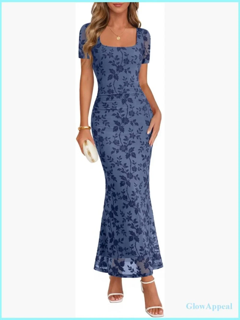 Women Square Neck Mermaid Maxi Dress Short Sleeve Floral Bodycon Formal - Picture 1 of 7